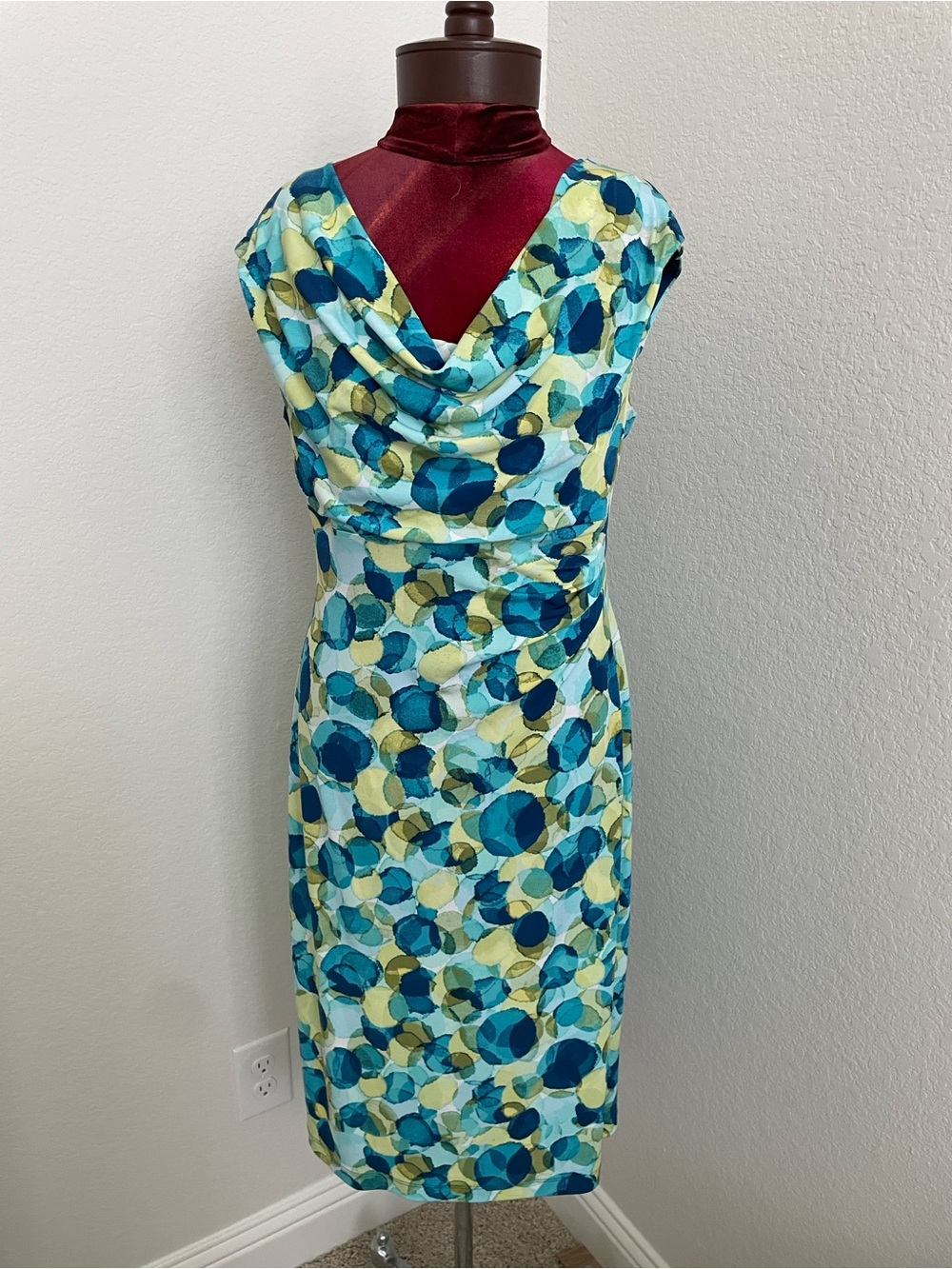 Teal and Blue Cowl Neck Sheath Dress